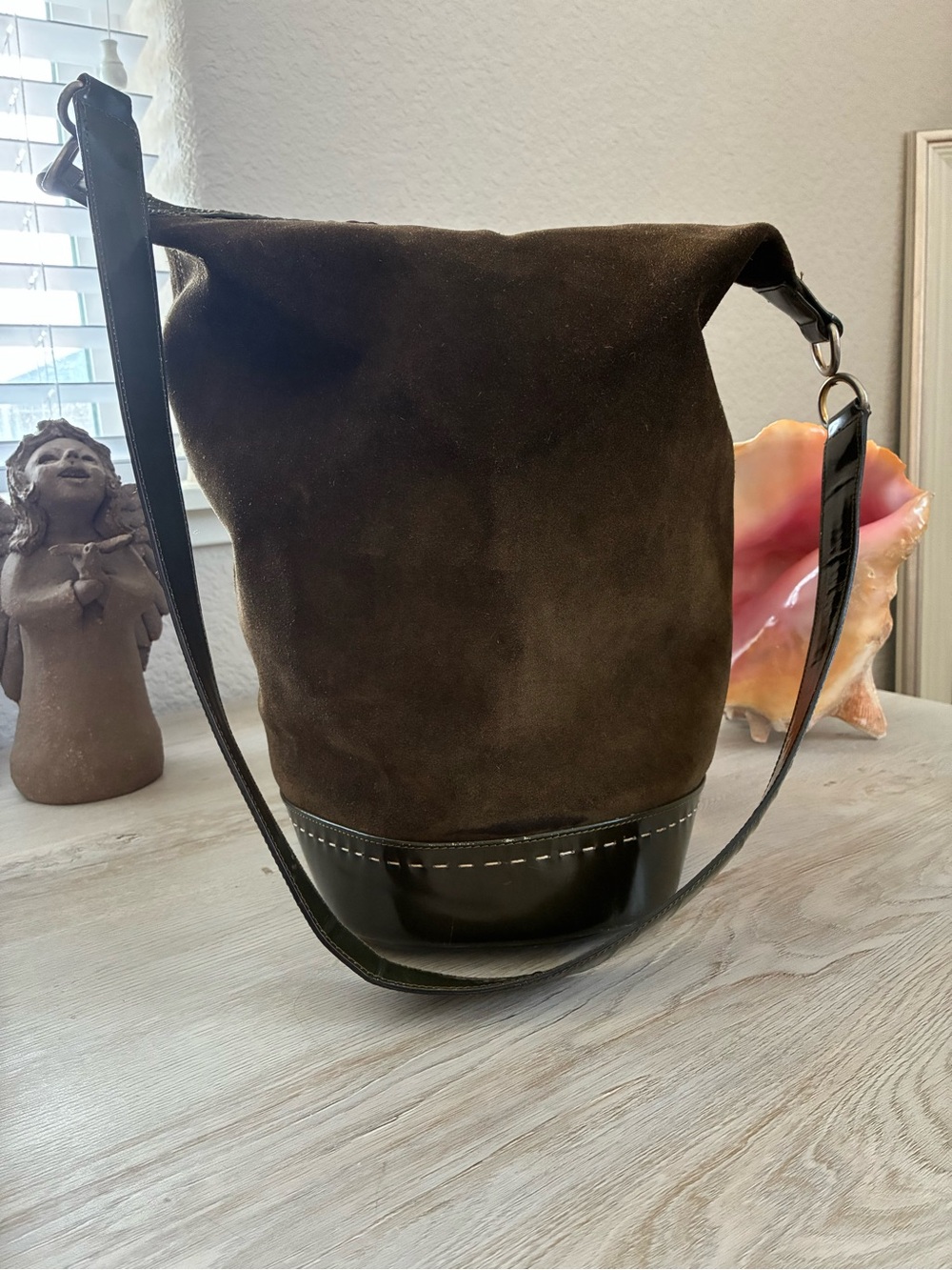 Celine Brown VINTAGE Suede Bucket Shoulder Bag with Dark Patent Leather Trim
